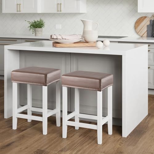 Image of YISUN Stool Covers Rectangle - 2 Pack Stretch Waterproof Saddle Seat Cover Counter Bar Stools Bar Chairs Covers Kitchen Island Chairs Cushion Protector (1, Pu Leather-Chocolate 2PCS)