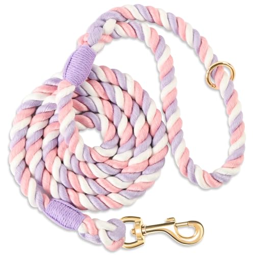 NUGUTIC Guinzaglio per cani da 1,5 m, realizzato a mano, in corda di cotone intrecciato, per cani di taglia piccola, media e grande, chiusura in metallo resistente dorato, viola unicorno