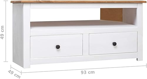 Miniatura 2 de vidaXL Soporte esquinero para TV de madera de pino macizo, estilo escandinavo, color blanco y madera natural, con 2 cajones y compartimento abierto,