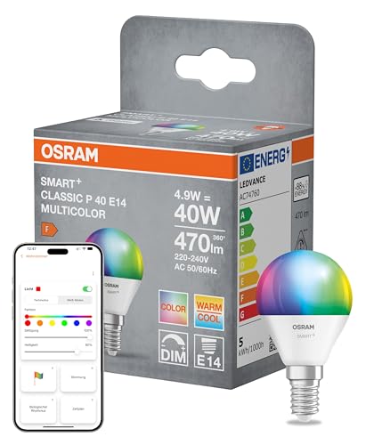Osram Smart+ Matter LED-lamp, P40, minibalvorm, 4,9 W, E14 RGBW, dimbaar, bestuurbaar via app en taal, compatibel met Alexa, Google, Apple, WiFi