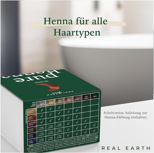 Real Earth Henna Haarfarbe 250g BIO 100% Natürliches. Henna Pulver Für Haare - Tönung Rot, Kupfer, Kupferrot, Goldbraun, Mittelblond, Schwarz, Dunkelbraun Color Prep Haut - Made in India