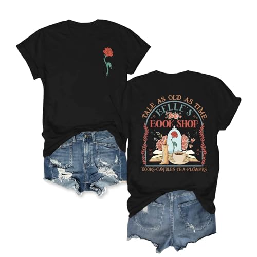 Hiehiety Belles Book Shop Shirts for Women Magic Kingdom Shirt Beauty Princess Bookish T-Shirt Magical Vacation Graphic Tees(Black,XL)