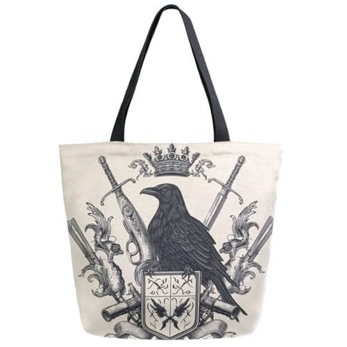 Peystean Retro Fashion Heraldic Crow in Crown Extra Large Casual Shoulder Tote,Men Women Canvas Daily Reusable Handle Bag for Gym Yoga Weekender Grocery Beach Travel Shopping