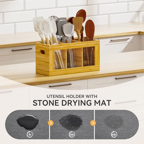 Yofidra Bamboo Utensil Holder & Silverware Organizer: Extra Large Cooking Holder with Absorbing Drying Stone and 6 Compartments Kitchen Countertop Storage Farmhouse Decor Accessories 11.8"X4.7"X5.9" - image 2