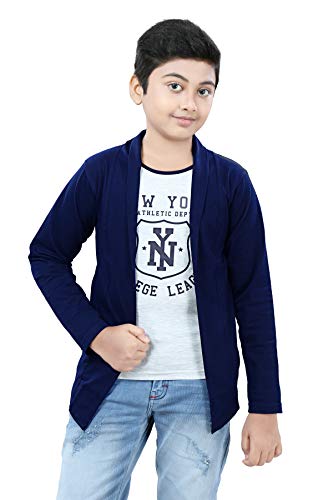 Image of Boy's Cotton White Printed T-Shirt with Blue Jacket Shrug