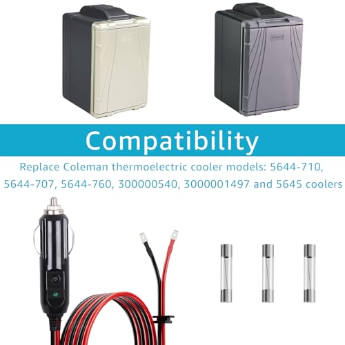 Image of 12V /24V Thermoelectric Cooler Power Cord - with 15A Fuse, Compatible with Coleman OE # 5644-710, 300000540, 5644-707, 5645 Thermoelectric Cooler Adapters. (Black Red 8 Feet)