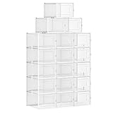 SONGMICS Shoe Boxes, Pack of 18 Stackable Shoe Organizers with Plastic Connectors, Clear Shoe Storage for Sneakers, Fit up to US Size 12, Transparent and White ULSP017W01