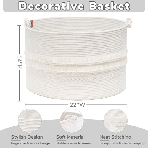 CherryNow 22"x22"x14" Large Blanket Basket, Home Décor for Living Room Bedroom, Boho Decorative Laundry Basket for Clothes, Baby Toy Storage, White