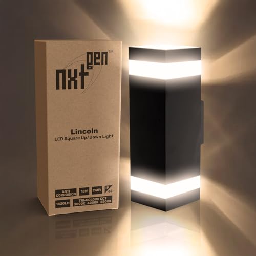 nxt gen Lincoln LED Up and Down Wall Lights 18W | Modern Square IP65 Outdoor Lights | Tri-Colour CCT 3000K 4000K 6500K | 1710lm | Anti-Corrosion LED Exterior Lights for Porches, Patios & Doorways