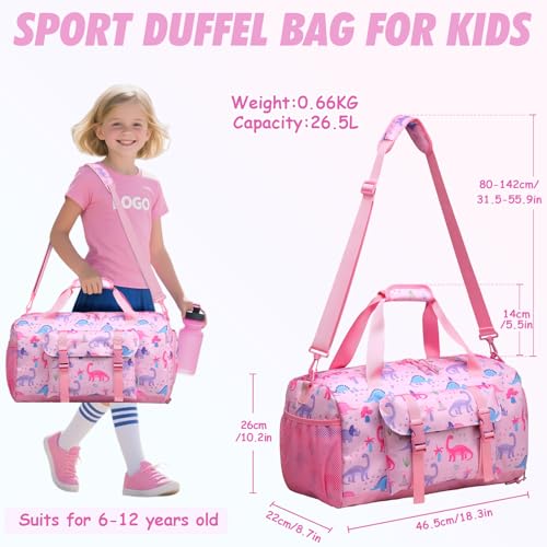 Kids Overnight Duffel Bags,Kasqo Girls Dance Bag Water Resistant Sports Gym Ballet Bag for Teens Sleepover Travel Bag Weekender Carry On Tote with Shoes Compartment Dry Wet Pocket,Pink Dinosaur2