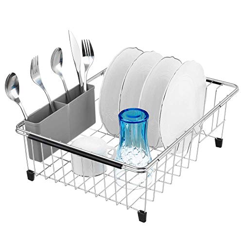 SANNO Deep & Large Dish Drying Rack Expandable Dishes Drainer Over The Sink