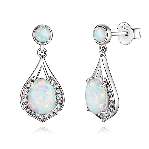 FANCIME Created Opal Earrings Sterling Silver Teardrop Stud Earrings with 2 White Fire Opal Stones October Birthstone Earrings Fine Jewelry for Women