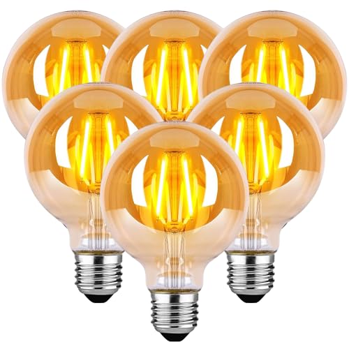 HUSTUNG Edison Vintage E27 LED Glühbirne, 4W G80 Retro Warmweiß 2700K, Antike Beleuchtung - Bernstein Glas - 6 Stück