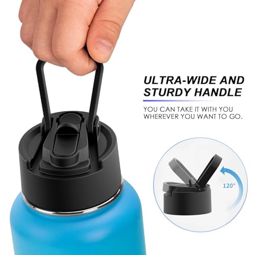 Image of koodee 32 oz Water Bottle with Wide Handle Straw Lid, Vacuum Insulated 18 /8 Stainless Steel Wide Mouth Flask (Sky Blue)