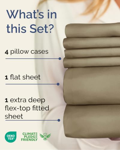 Image of CGK Unlimited Extra Deep Flex Top Split Head King Sheet Set - 6 Piece Breathable and Cooling Sheets - Hotel Luxury Bedding for Women, Men, Kids & Teens - Easy Secure Fit - Extra Deep Pockets - Khaki