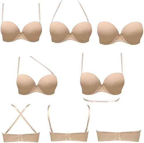 Plusexy Women's Push Up Strapless Bra Thick Padded Underwire Convertible Multiway Bras Nude 34B