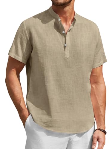 Enlision Chemise Homme Kaki Coton et Lin Chemisette Été Homme Manches Courtes sans Col Tunisien Leger Respirant Décontracté Tee Shirt de Bureau Haut Taille L