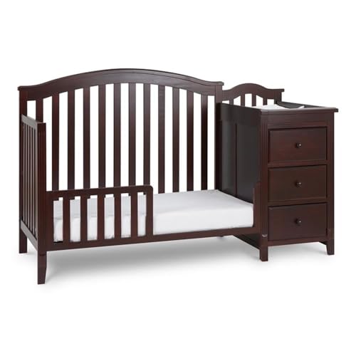 Image of Pemberly Row Solid Wood 4-in-1 Convertible Crib & Changer, Espresso Finish, Includes Changing Pad, 3 Drawers & Shelves, Adjustable Mattress Support, Space-Saving Nursery Furniture for Baby Room