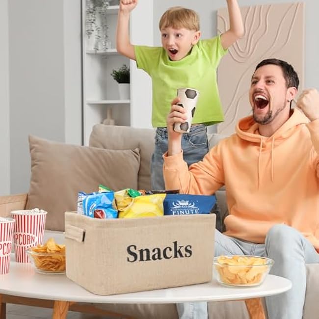 2 Pack Snack Storage Organizer Basket Bins for Pantry Shelf and Countertop, Large Burlap Snacks Basket Container for Kitchen Office Popcorn Candy Pretzels and more