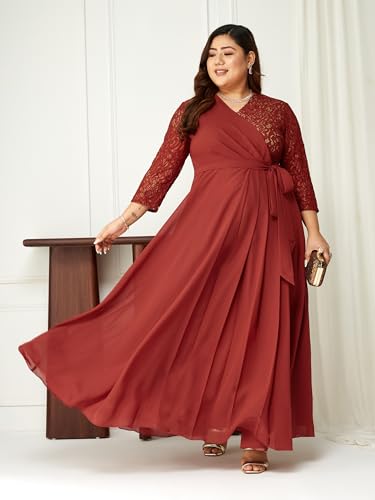 Image of Miss Chase A+ Women's Floral Printed Relaxed Fit V -Neck 3 /4Th Sleeve Georgette Maxi Dress