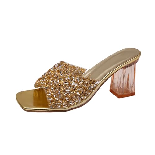 Sandalias de mujer con tacón transparente a la moda tacones altos strass slip-ons verano mujeres tacón bloque zapatos de noche zapatos de verano elegantes mujer fiesta sandalias, dorado, 43