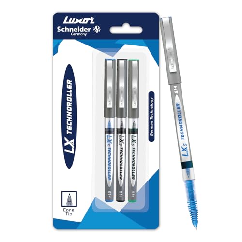Luxor Schneider LX 814 Technoroller|Roller Ball Pen|Pack of 3-(Blue+Black+Green)|Cone Tip|0.5mm|100% German Technology|Consistent Ink Flow|Smooth Writing Experience| Ideal for Students & Professionals