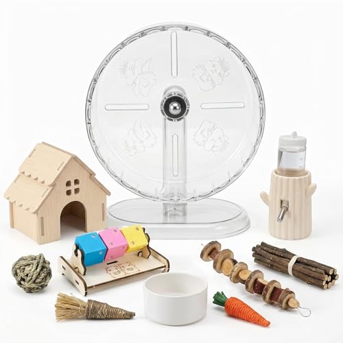 12-in-1 Hamster Cage Accessories Kit for Dwarf & Syrian Hamsters Silent Exercise Wheel 9.5 Wooden Hideout Water Bottle Ceramic Food Bowl Chew Toys & Small Animal Habitat Starter Set