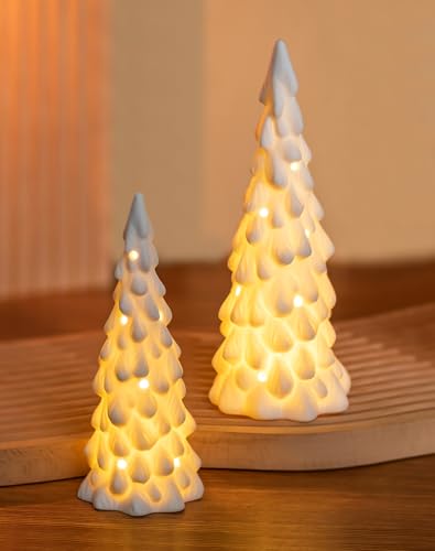 Romadedi Keramik Tannenbaum Deko Weihnachtsdeko Weiß 2er Set LED...