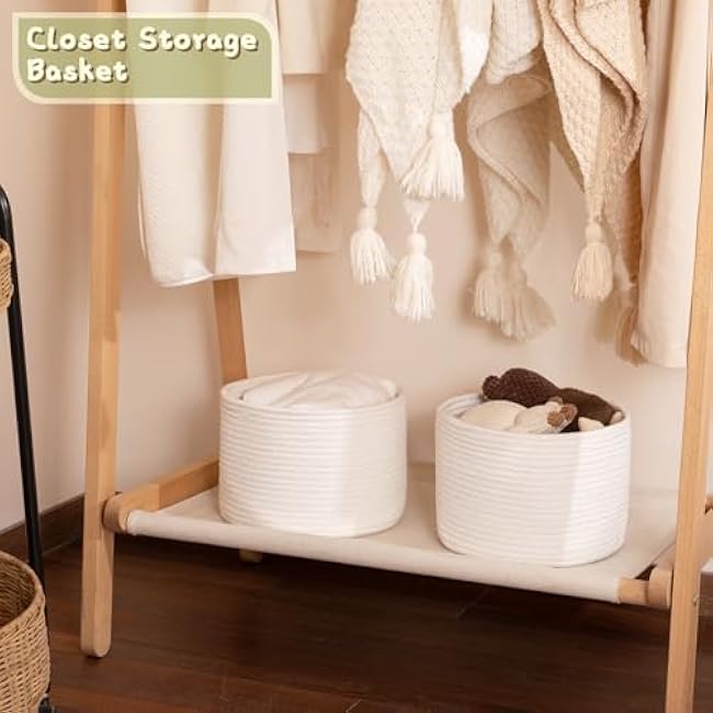 OIAHOMY Small Storage Baskets for Organizing,Closet Cube Shelf Storage, 9.8¡±¡Á9.8¡±¡Á7.1¡±, Woven Cotton Rope Gift Baskets for Nursery,Cute Dog Toy bins, Round 3 Packs, White