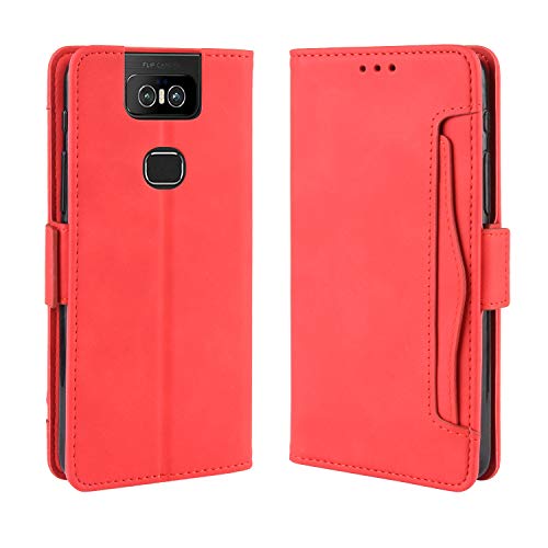 Jiajihua Funda Compatible con ASUS Zenfone 6 ZS630KL / Zenfone 6z [Ranura Doble para Tarjetas][Soporte abatible][Funda para teléfono][Cierre magnético] Cartera Red