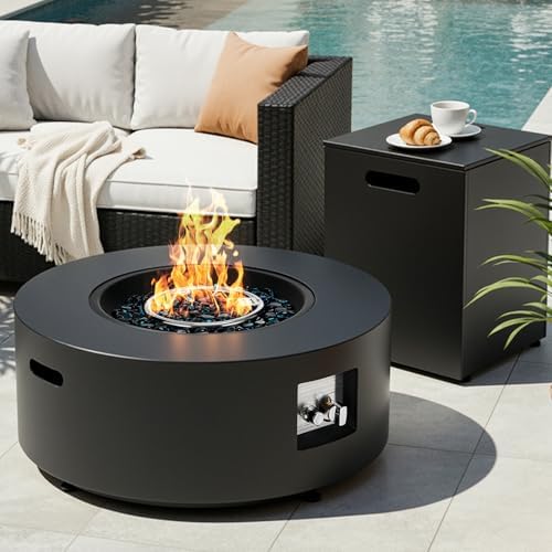 TLGREEN 2-Piece Propane Fire Pit Set – 30" Round Fire Table & Tan...