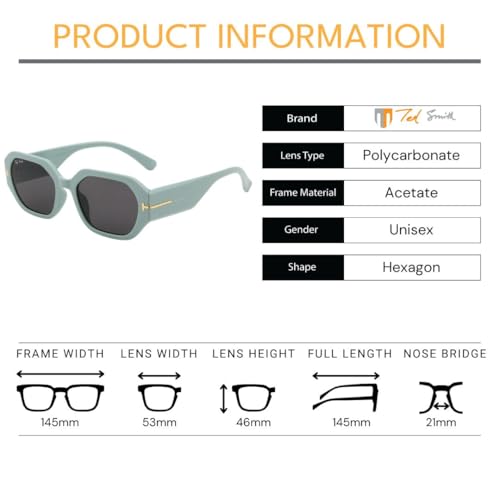 Image of Ted Smith and Stylish Hexagonal Sunglasses For Men Women | Full Rim & 100% UV Protection | Grey Lens & Acetate Frame | Medium | (53-21-145)