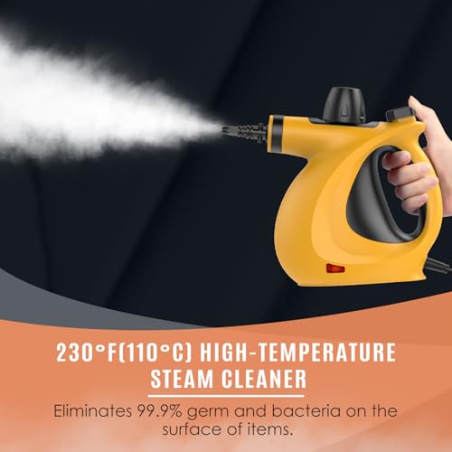 Image of Phueut Pressurized Handheld Multi-Surface Natural Steam Cleaner with 12 pcs Accessories, Multi-Purpose Steamer for Home Use, Steamer for Cleaning Floor, Upholstery, Grout and Car (Orange)