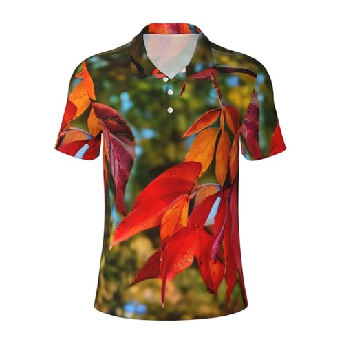 Polo imprimé feuilles rouges fruits d'automne homme manches courtes respirant