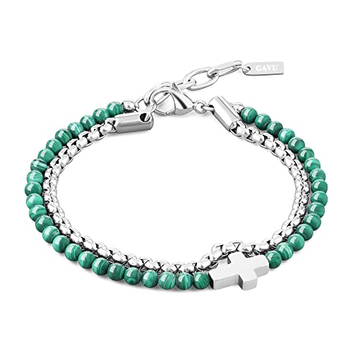 GAVU Pulsera Cruz para Hombre con Doble Capa de Cuentas de Piedra Natural Malaquita y Acero Inoxidable