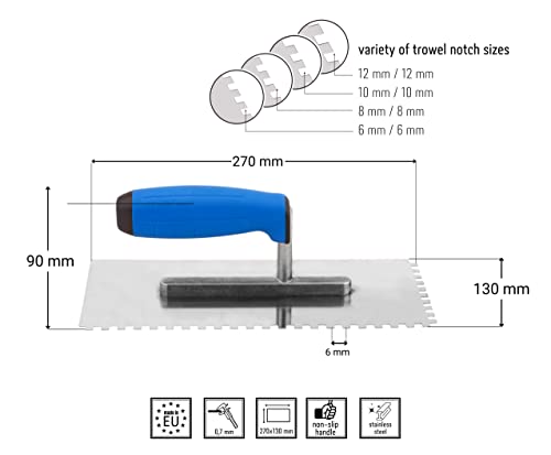 Mivos Toothed Smoothing Trowel 6 x 6 mm, Stainless Steel Toothed Smoothing Trowel 270 x 130 mm, Trowel with Soft Grip - Image 3