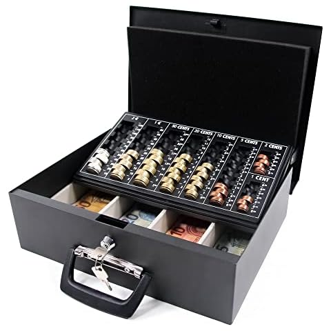 hjh OFFICE 811000 Geldkassette Safe I Stahl Schwarz 35,5 x 27,5 x 10,5 cm, Schaumstoffeinsatz, Euro-Münzbrett, abschließbar Cover