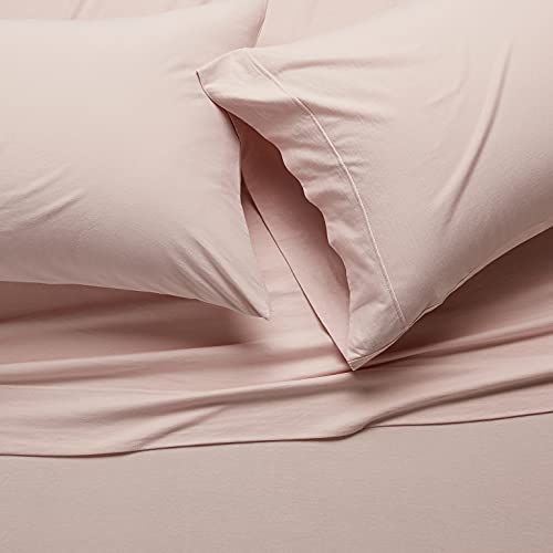 Image of Amazon Basics 4 Piece Breathable 100% Cotton Jersey Knit Bed Sheet Set, Includes Flat and Fitted Sheets, Pillowcase, Queen, Blush