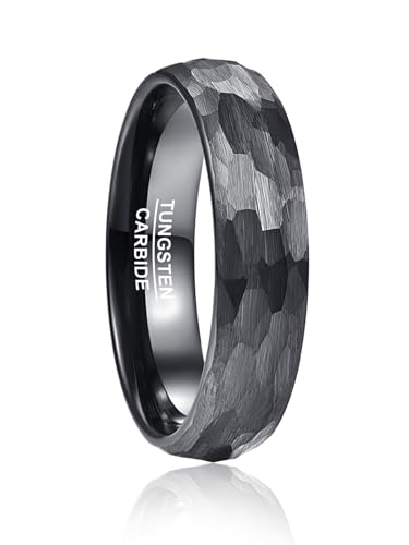 Vakki Gehämmerter Ring Schwarz Wolfram Ringe Herren Ring Wolframcarbid Schwarz Ring Herren Schwarz Gebürstet 6mm Größe 65(20.7)