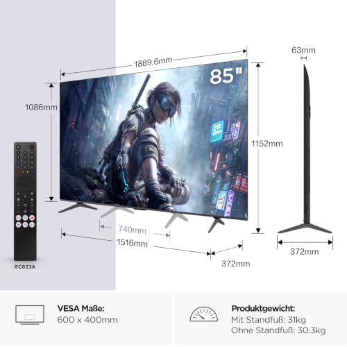 TCL 85T8D QD-Mini LED 85 Zoll Fernseher, 4K Smart TV, Google TV, 144 Hz – Ansicht 2