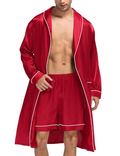 SWOMOG Mens Satin Kimono Robe with Shorts Silk Classic Long Sleeve Bathrobe with Pockets Loungewear Set