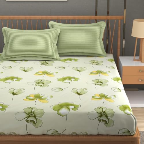 Image of Premium Cotton Fitted Bedsheet King Size 78 x 72 x 8 Inches with 2 Pillow Covers | 220 TC | All-Around Elastic Deep Pocket Bed Cover | Ivory Olive Green Floral
