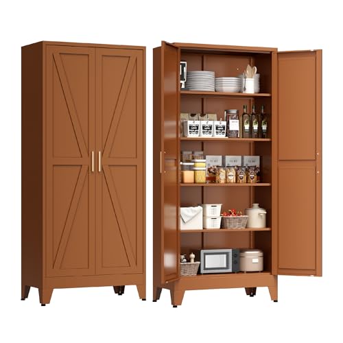 Image of LCAOPC 71 inch Tall Metal Storage Cabinet with 2 Doors and 4 Adjustable Shelves, 5-Tier Kitchen Pantry Storage Cabinet for Kitchen, Living Room, Dining Room and Office, Brown