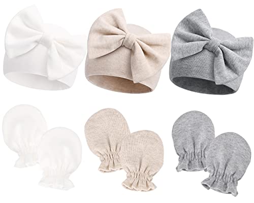 Newborn Hospital Hats Gloves Baby Infant Bow Beanie Cotton Caps No Scratch Hat Mittens Set for 0-6 Months