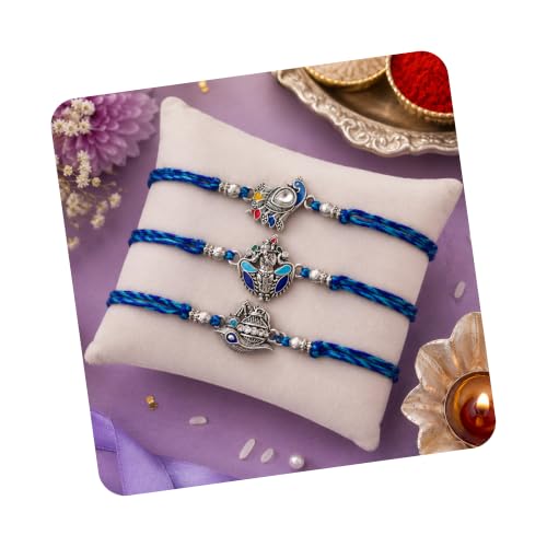Image of eCraftIndia White Red Golden Set of 3 Pearl Rakhi for Brother with Roli Chawal Pack