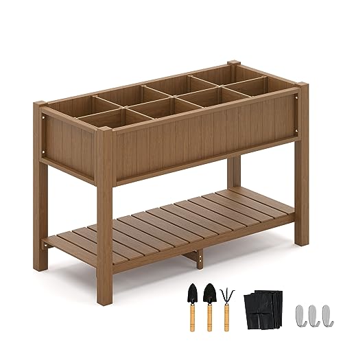 LUE BONA Large Raised Garden Bed with Tools and Shelf 47 21 30in 8 DIY Pocket HDPS Elevated Planter Box with Legs 3 Year Warranty No Crack Outdoor Herb Raised Beds for Gardening Vegetables