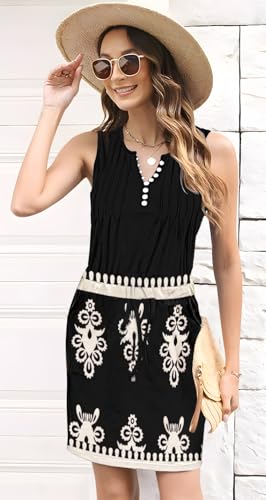 ETCYY Womens Summer Casual Dresses Sleeveless Beach Vacation Sundresses Drawstring Waist Short Striped Dress with Pockets2