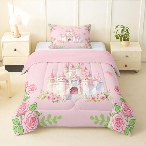 Image of Feelyou Girls Pink Castle Comforter Set Twin Size Blossom Flowers Pattern Bedding Set for Kids Boys Girls Kawaii Cute Princess Style Duvet Quilt Bedroom Decor Microfiber 2 Pcs with 1 Pillow Cases