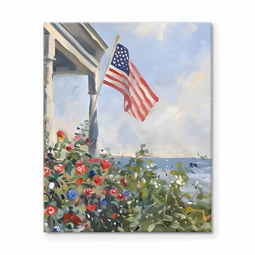 Image of Memorial Day Canvas Wall Art, Porch View American Flag Print, Coastal Garden Flowers Flag by the Sea Poster, Independence Day Gifts Print Artwork for Lakehouse or Summer Entryway Decor 16x20inch