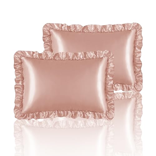HommxJF Silky Satin Ruffled Pillow Cases for Hair and Skin,Rose Gold Silk Pillowcases King Set of 2 with Envelope Closure Princess Room